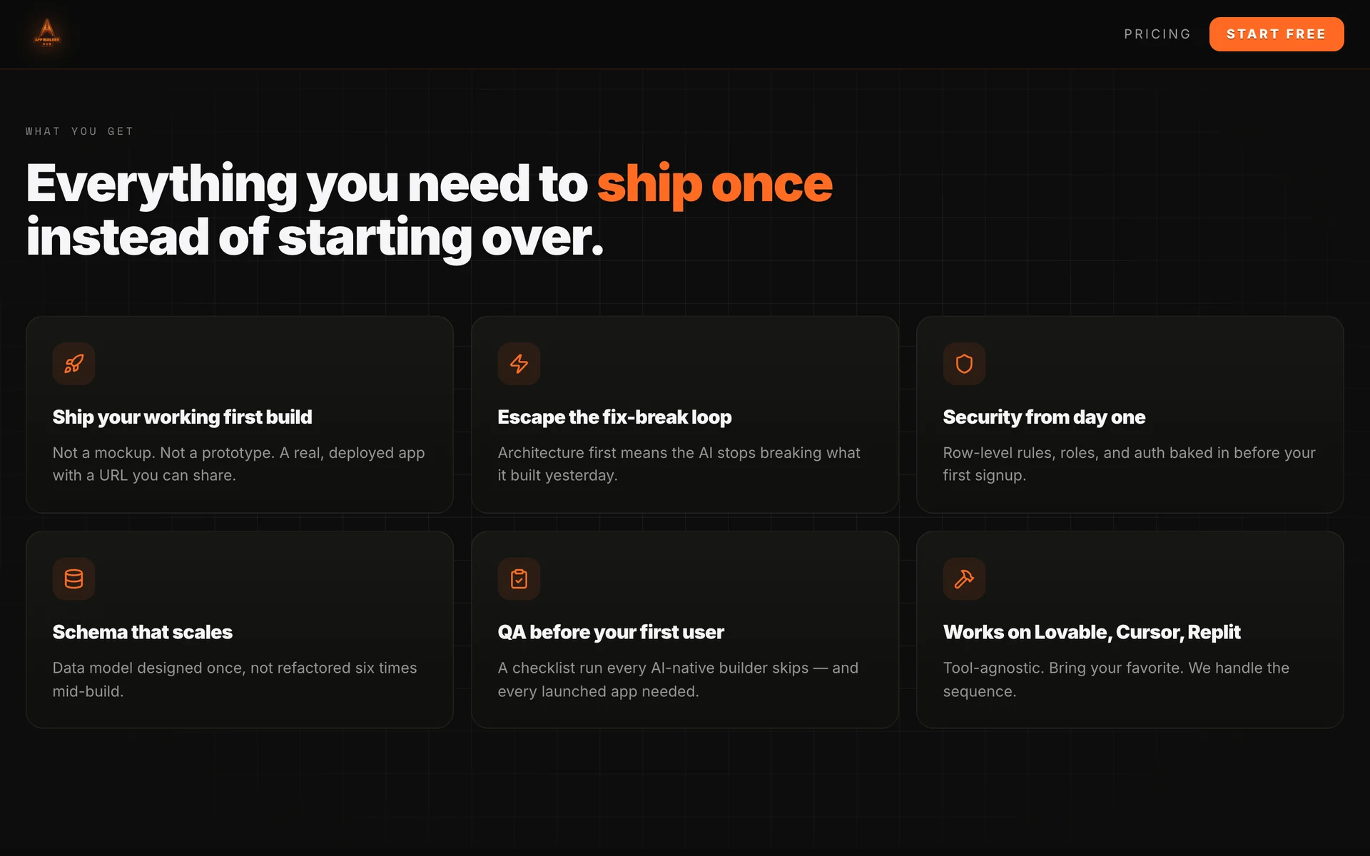 App Builder Hub benefits including security from day one, a planned data schema, and QA before the first user
