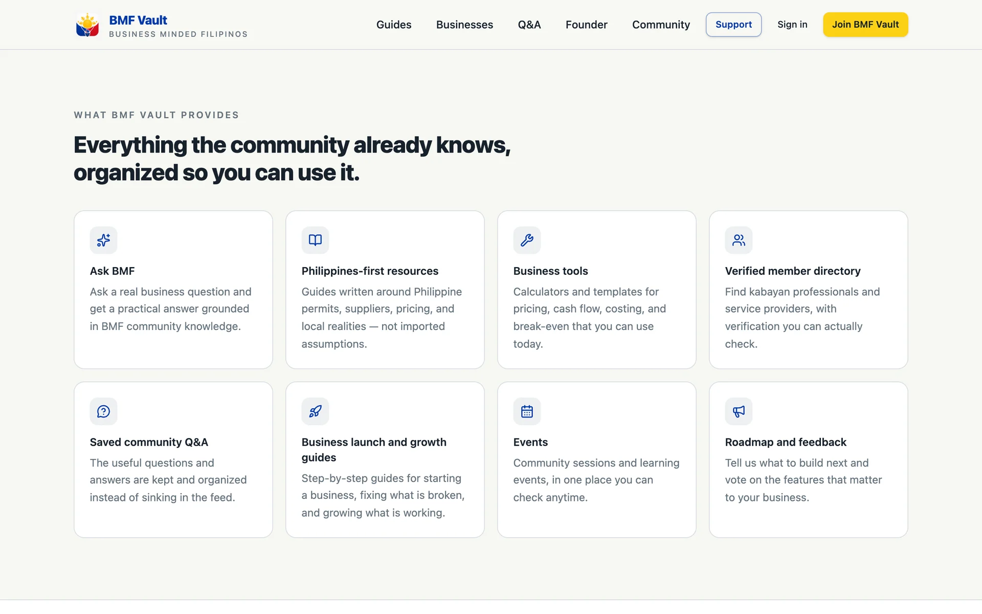 BMF Vault features including Ask BMF, resources, business tools, the verified member directory, and saved community Q&A