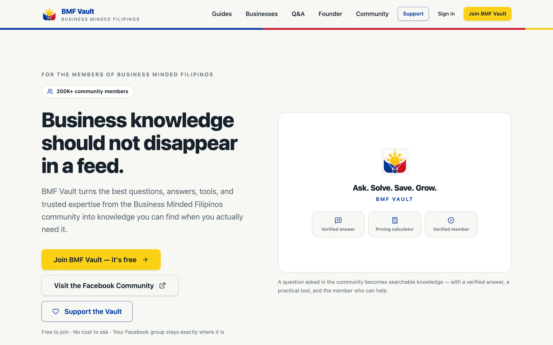 BMF Vault home page with the headline that business knowledge should not disappear in a feed