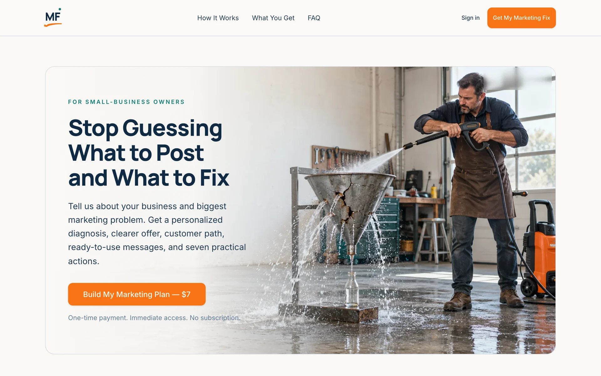 Marketing Fix home page with the headline about what to post and what to fix